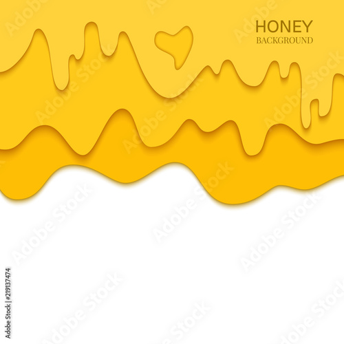 Set of melting dripping honey drops on white background made in paper cut style. Isolated vector illustration.