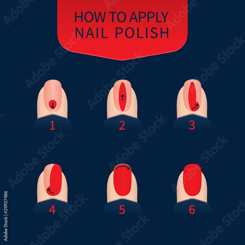 Nail polish application technique infographics. 6 steps of nail painting. Red fingernails on blue background. Professional manicure beauty concept. Vector illustration.