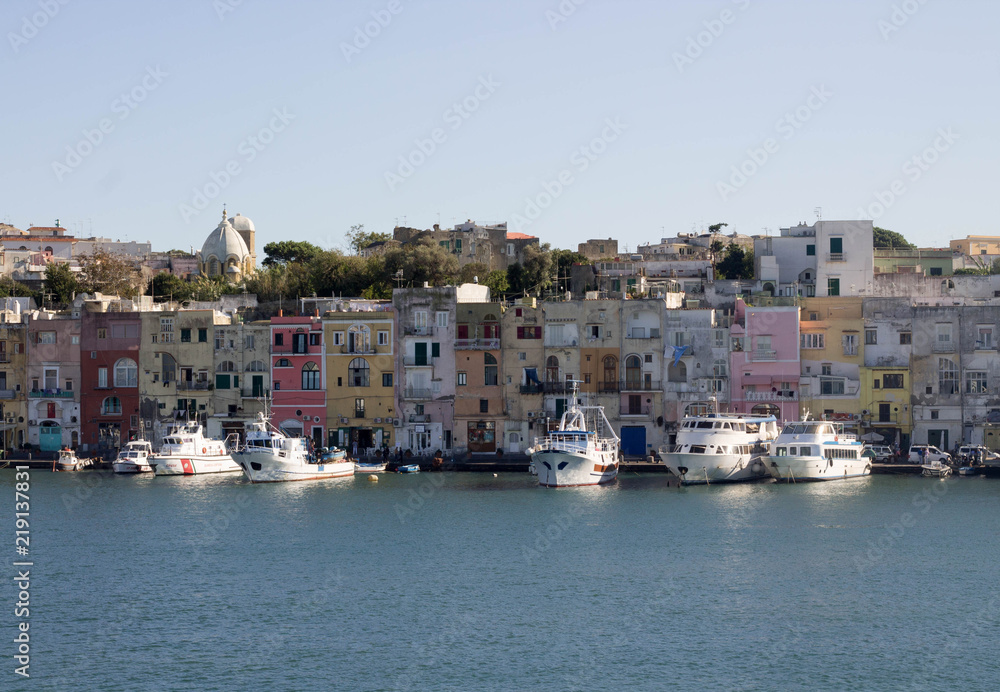 Procida's view of the port. Colorful village. Italian's island near Naples