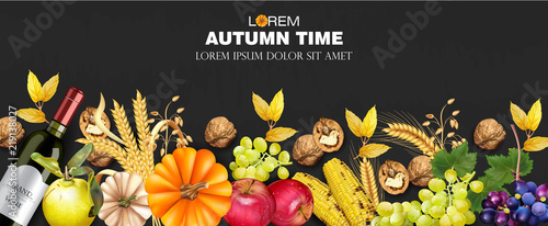Autumn harvest rich banner Vector realistic. Pumpkin, corn, grapes, wine, walnuts. Detailed 3d design. dark backgrounds