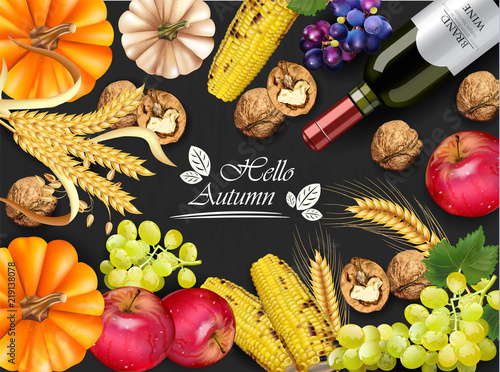 Autumn harvest card Vector realistic. Pumpkin, corn, grapes, wine, walnuts, g...