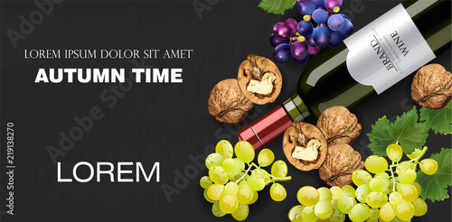 Autumn time banner Vector realistic. Wine bottle, grapes, and walnuts. Detailed 3d design. dark backgrounds