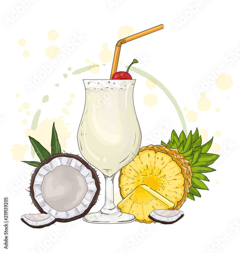 Cocktail Pina Colada over white background with pineapple and coconut vector illustration