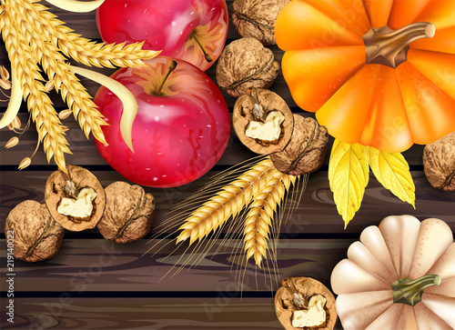 Autumn harvest card Vector realistic with Pumpkin, apple, walnuts. Detailed 3d design. Wooden background. Top views