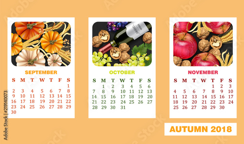 Autumn calendar Vector realistic with Pumpkin, wine bottle, apple, walnuts. Detailed 3d design