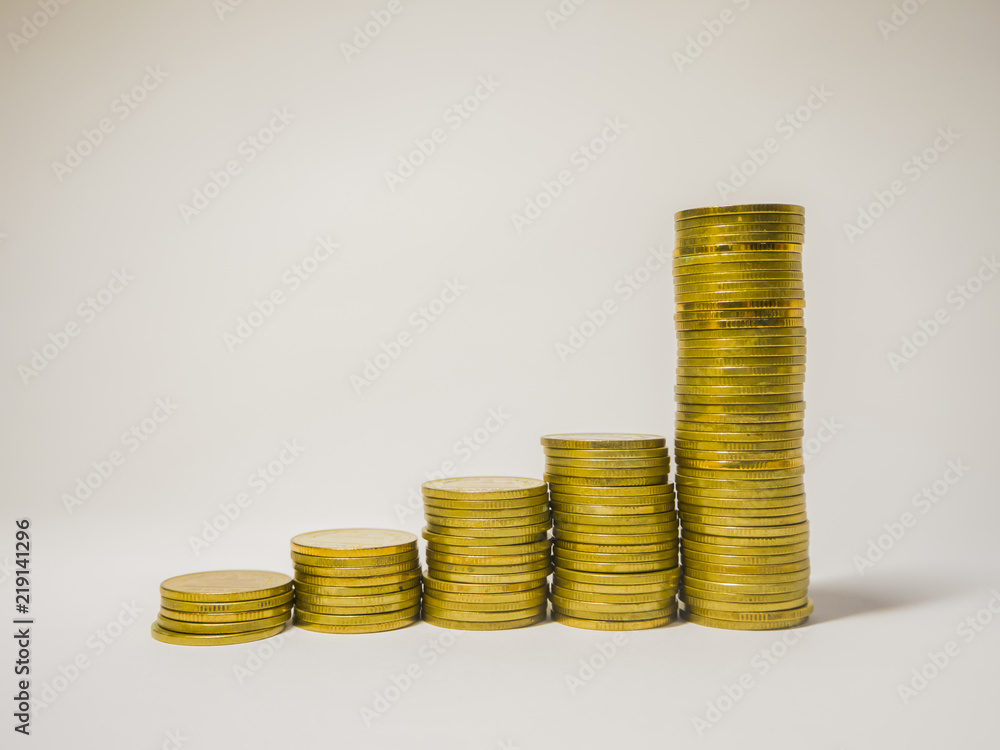Gold Bit Coins or money are layered as bar graph in financial market.