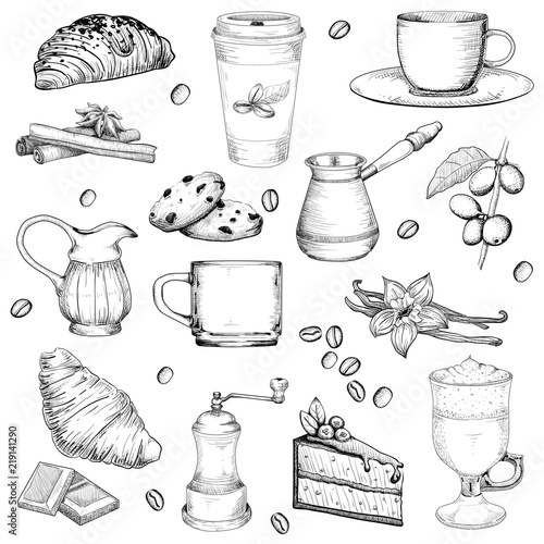 Coffee and pastries big set vector illustration sketch vintage style. Elements on a white background isolated