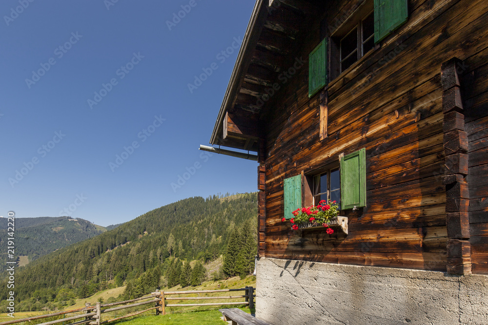 Panorama mit Almhütte. Mountain panorama with alpine cabin / chalet. Urlaub am Bauernhof.