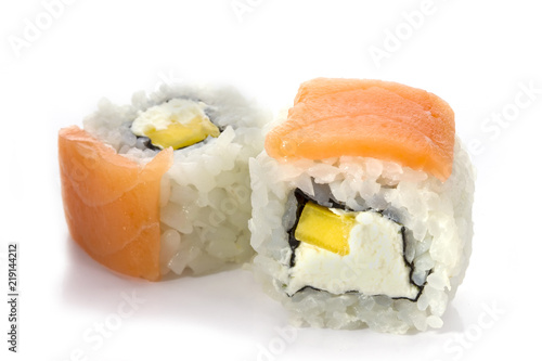 Sushi rolls japanese food isolated on white background.Menu of the Japanese restaurant. Two sushi with red salmon fish and salmon close-up