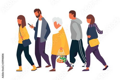 Man and woman characters. Crowd of people walking in autumn clothes. Vector illustration