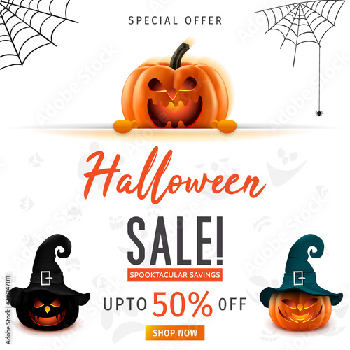 Hallowen Sale vector illustration with pumpkin head. Halloween special offer.