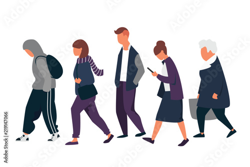 Man and woman characters. Crowd of people walking in autumn clothes. Vector illustration