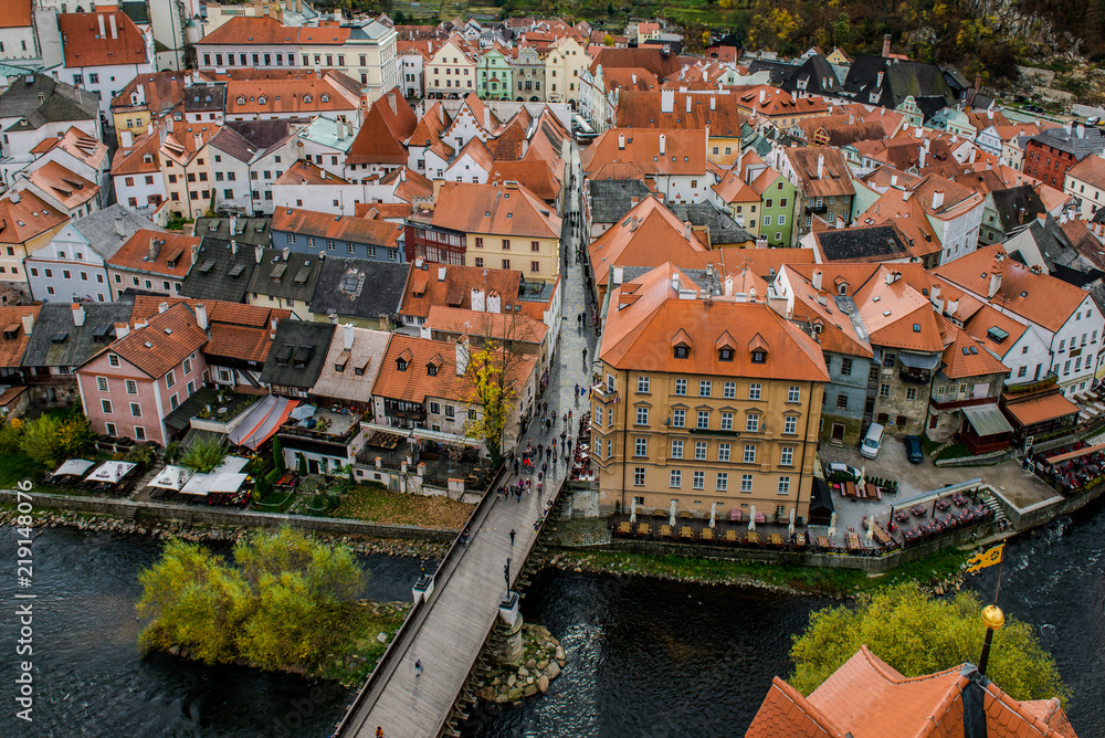 Obraz premium Old city view in fall. Czech krumlov. Traveling in Europe. The city in Czech Republic, sights. Autumn in the city