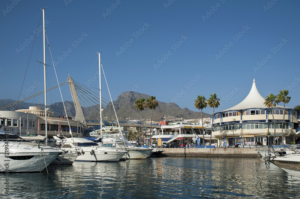 View from the ocean of the popular resort of Las Americas for its port restaurants, pubs and bars, entertainment and night life venues in the south of Tenerife, Costa Adeje, Canary Islands, Spain