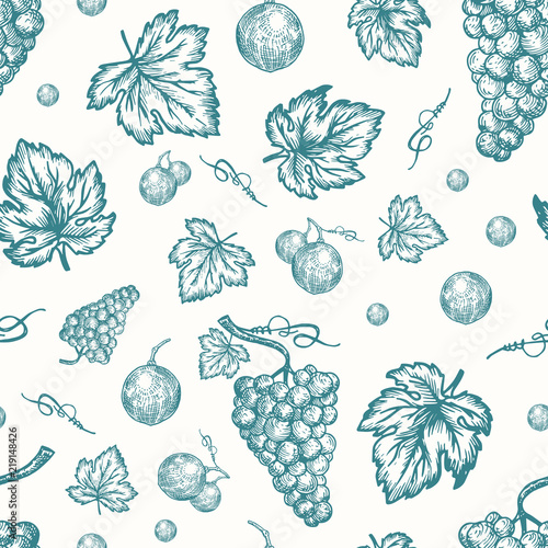 Hand Drawn Autumn Grapes Harvest Vector Seamless Background Pattern. Grape Berries, Brunch and Leaves Sketches Card or Cover Template