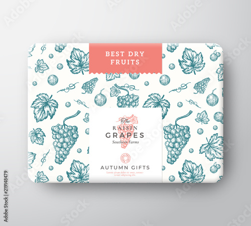 Dried Fruits Raisins Cardboard Box. Abstract Vector Wrapped Paper Container with Label Cover. Packaging Design. Modern Typography and Hand Drawn Grapes Background Pattern Layout.