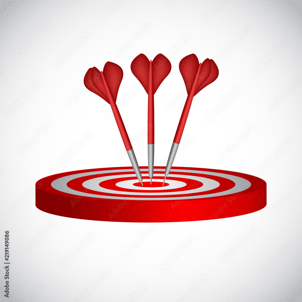 Darts game with round red and white striped target and missiles. Symbol