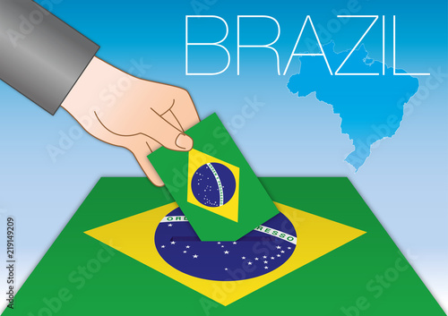 Brazil, voting ballot box with Brazilian flag and hand, graphic vector illustration