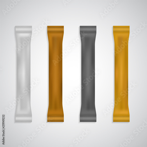 Paper sachet vector templates for diners and cafe salt and sugar disposals set isolated on white. Plastic packages for instant coffee, drugs in silver and golden colors. Package product collection.