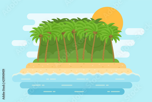Sea landscape with sand beach, palms, island. Vector. Illustration in flat design. Nature seascape horizontal background.