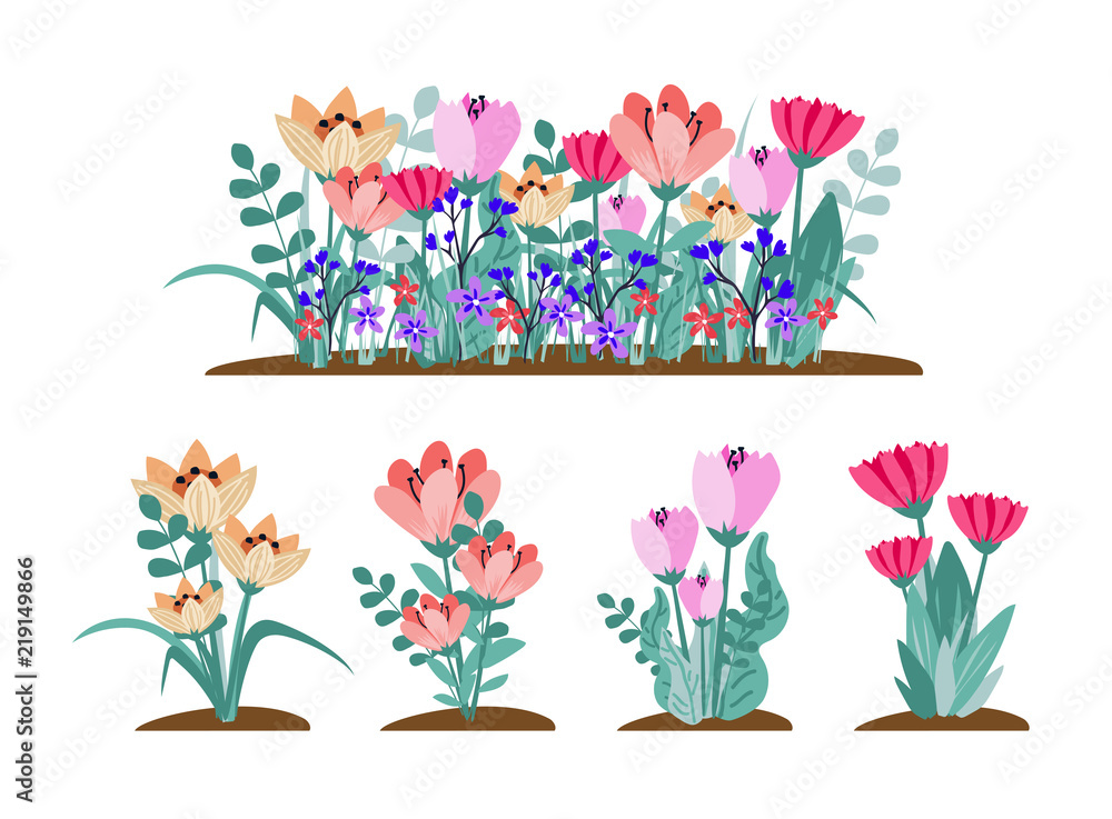 Early spring forest and garden flowers isolated on white vector set ...