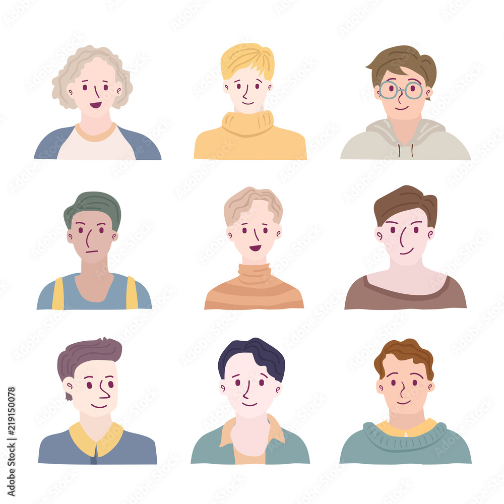 Set of people avatars for social media, website. Doodle portraits fashionable guys. Trendy hand drawn icons collection. Vector illustration. Set of people avatars for social media, website. Doodle portraits fashionable guys. Trendy hand drawn icons collection. Vector illustration.