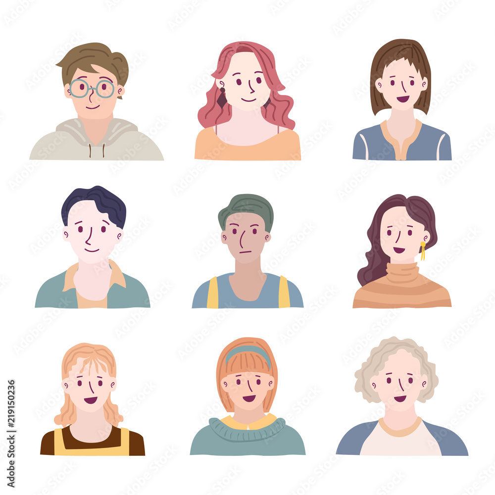 Set of people avatars for social media, website. Doodle portraits fashionable girls and guys. Trendy hand drawn icons collection. Vector illustration. Set of people avatars for social media, website. Doodle portraits fashionable girls and guys. Trendy hand drawn icons collection. Vector illustration.