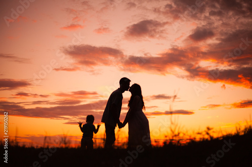 family, silhouettes of mom and dad on a background of beautiful sky, sunset, family at sunset © Евгения Солодова