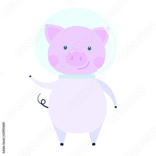 Cute funny astronaut space pig character - symbol of the 2019 Chinese New Year. Flat style design vector illustration isolated on white background. Cheerful waving pink piglet piggy.