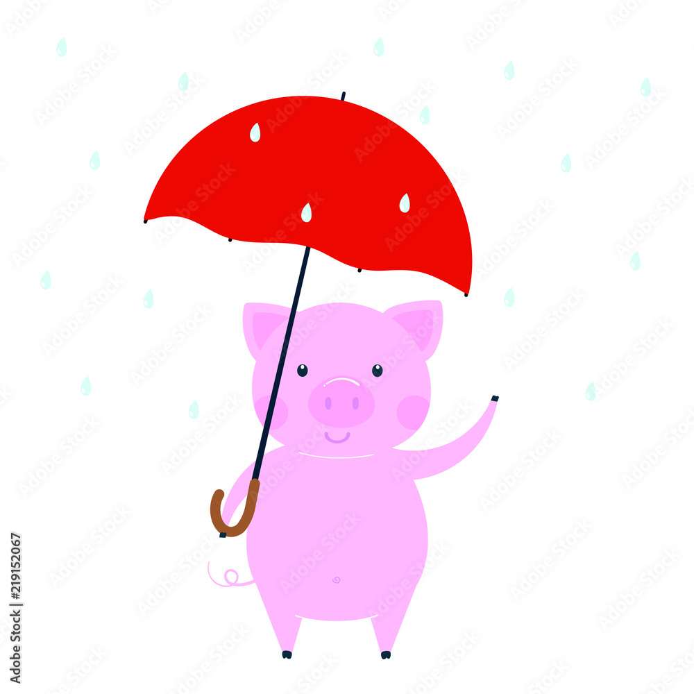 Cute funny pig character - symbol of the 2019 Chinese New Year. Flat style design vector illustration isolated on white background. Cheerful waving pink piglet piggy in the rain. Cute funny pig character - symbol of the 2019 Chinese New Year. Flat style design vector illustration isolated on white background. Cheerful waving pink piglet piggy in the rain.