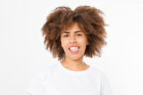 Portrait of young afro american woman isolated on white background. Template shirt and summer concept. Copy space. Mock up. Nature beauty girl. Teenager Make up