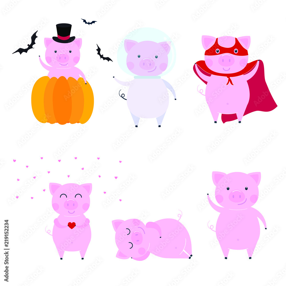 Obraz premium Cute funny pig character set - symbol of the 2019 Chinese New Year. Flat style design vector illustration isolated on white. Cheerful, waving, sleeping, halloween, space, superpig pink piglet piggy.