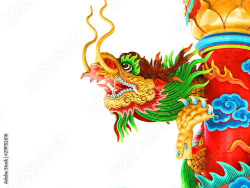 chinese red dragon on red pillar stucco arts isolated on white background  clipping path