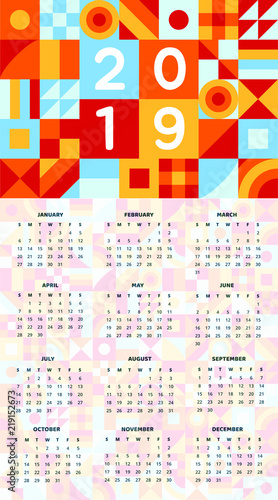 Colorful 2019 new year geometric simple calendar template with background flat style vector illustration in minimal clean style