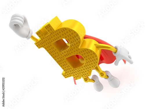 Bitcoin character flying with hero cape