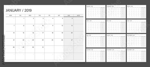 Calendar 2019 week start Monday corporate design planner template.