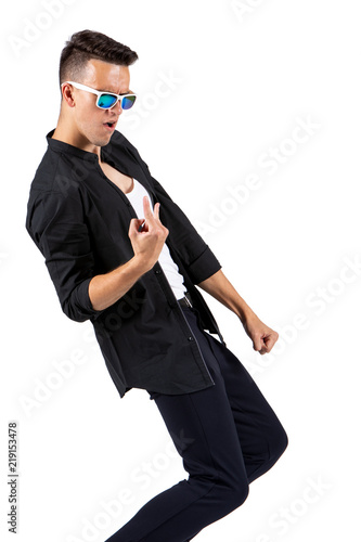 Portrait of a very excited gesticulating young man, isolated on white background
