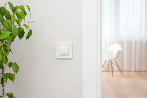 The wall switch is in the bright, contemporary interior. Open the door to the room photo