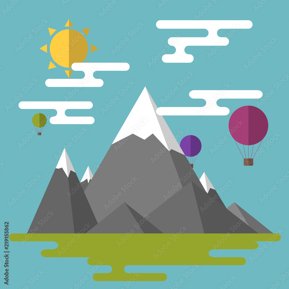 Landscape with balloons, mountains and clouds Landscape with balloons, mountains and clouds