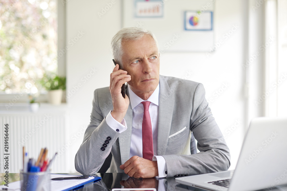 Thinking businessman making call and using laptop in the office Thinking businessman making call and using laptop in the office