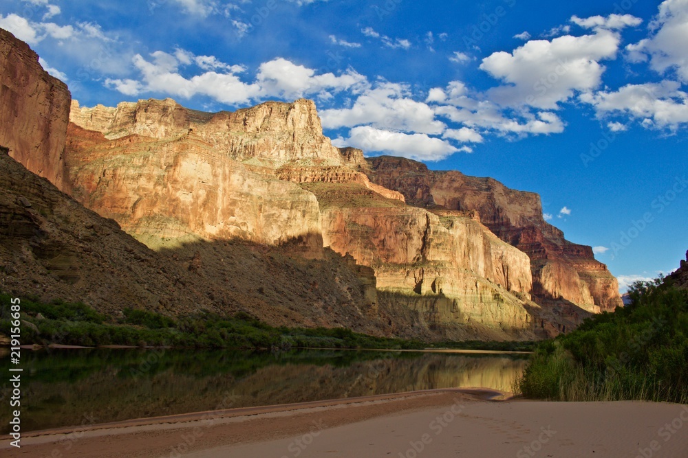 Raft Trip View From the Bottom of the Grand Canyon Looking Up at the Cliffs Above, Sunlight on Cliffs