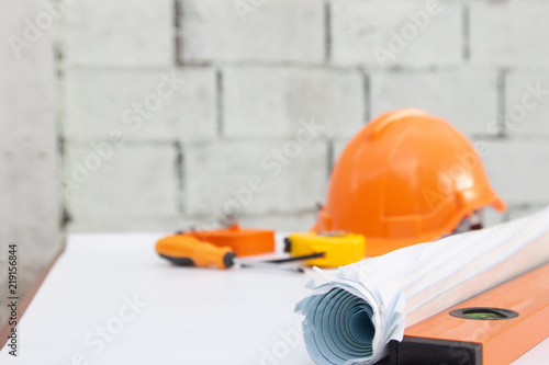 Architect desk ,Business,engineering concept,construction site, soft focus, vintage tone, working with blueprints in the office
