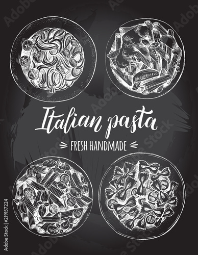 Spaghetti, farfalle, penne pasta with cherry tomatoes and basil. Dish of Italian cuisine. Ink hand drawn set. Vector illustration with brush calligraphy style lettering. Top view. Food elements.