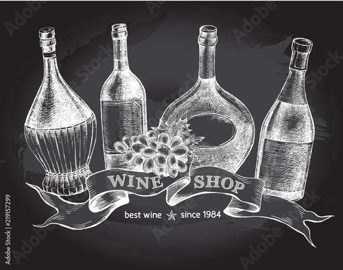 Set of hand drawn different types of wine bottles with vintage ribbon. Ink hand drawn Vector illustration. design element for a wine shop.