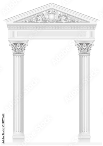Antique white colonnade with old Ionic columns photo