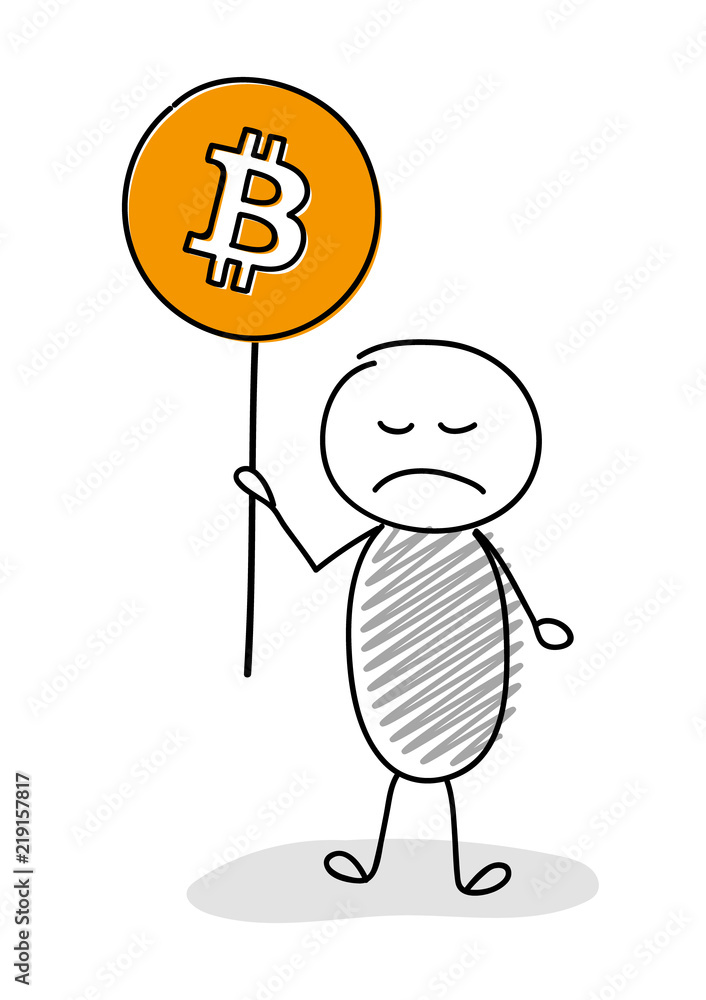Angry stickman holding ballon with hand drawn bitcoin icon. Vector.