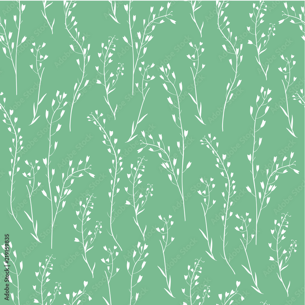 Fototapeta premium Seamless floral pattern, Capsella flower, Shepherd's purse, Capsella bursa-pastoris, the entire plant, hand drawn vector sketch grass isolated on green background for design cosmetic, natural textile