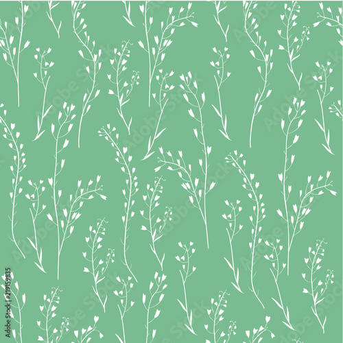 Seamless floral pattern, Capsella flower, Shepherd's purse, Capsella bursa-pastoris, the entire plant, hand drawn vector sketch grass isolated on green background for design cosmetic, natural textile
