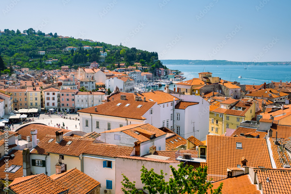 Aerial view of centre of the small fishermen town of Piran, Slovenia