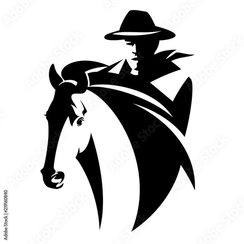 cowboy riding a horse - black and white wild west theme vector design